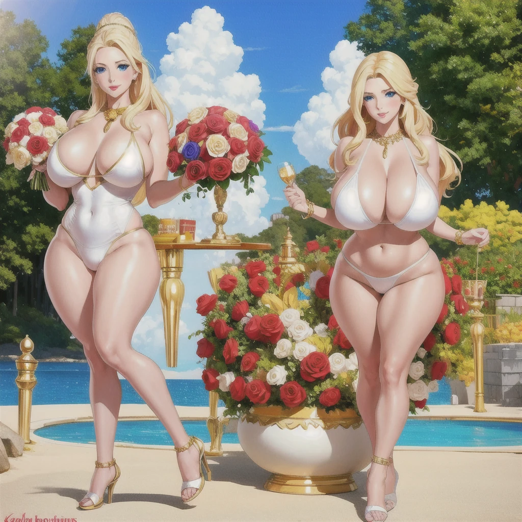 
An extremely beautiful stunning busty woman, with gold blonde long silky hair, big blue eyes, extremely super bright snow white fair stunning flawless glowing lush shiny flawless white skin, a perfect tight hourglass figure, and a skinny waist, sexy thick smooth luscious legs and thighs, extremely cute smile on the face, bright pink blushes on cheeks, wearing a short sexy tight revealing white sexy bikini with threadsr, yellow heels, gold necklace on the neck, gold anklets on feet, gold chain on the waist, standing straight, holding a red roses bouquet, beach in the background, show full body from head to feet.

