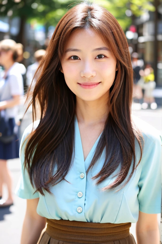 Top quality, 1 beautiful japanese woman, long Hair, brown hair, wearing Camisole & skirt, shy-smile, Sunlight, at street