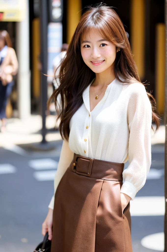 Top quality, 1 beautiful japanese woman, long Hair, brown hair, wearing Camisole & skirt, shy-smile, Sunlight, at street