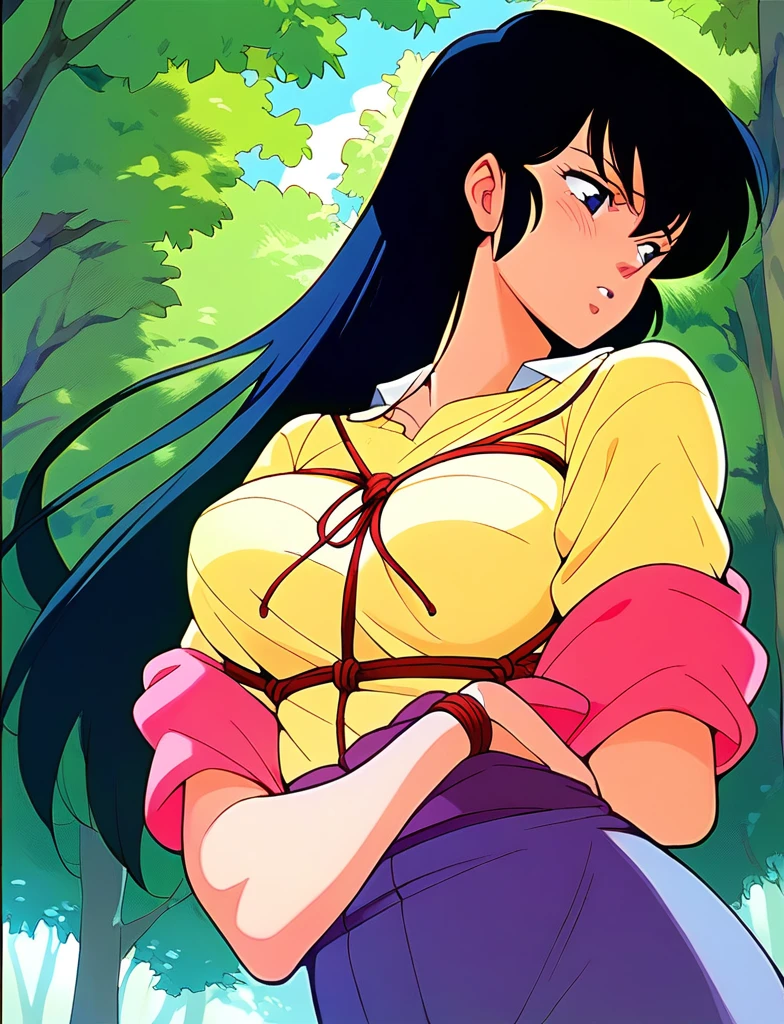 kyoko,score_9,score_8_upper,score_7_upper,sauce_anime,One girl,alone,Good、pubic hair、In underwear、Sad face、downpour、soaked、in the forest、stand、to be tied up、bondage、Bold Pose、pubic hair、