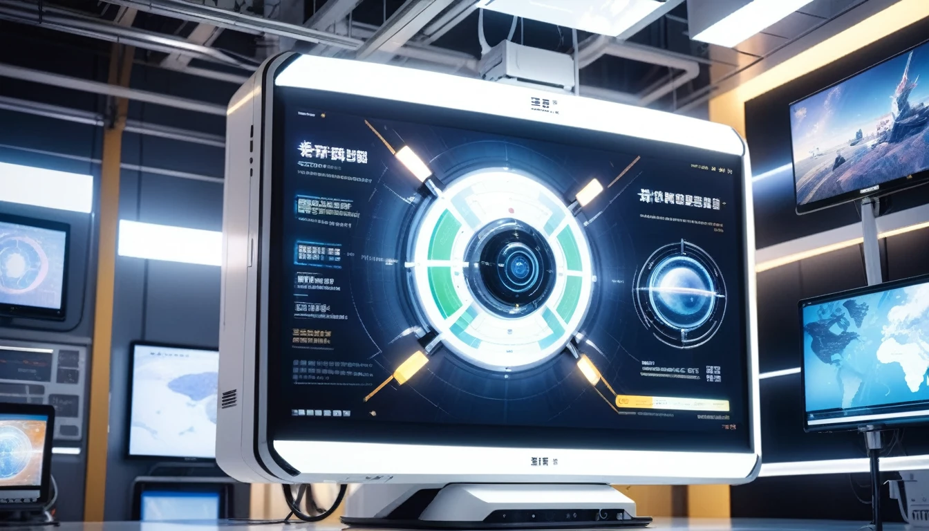 White and bright。Future Science Research Center。Close-up of a monitor hanging on the wall。The results of scientific experiments are displayed on a giant monitor on the wall.。