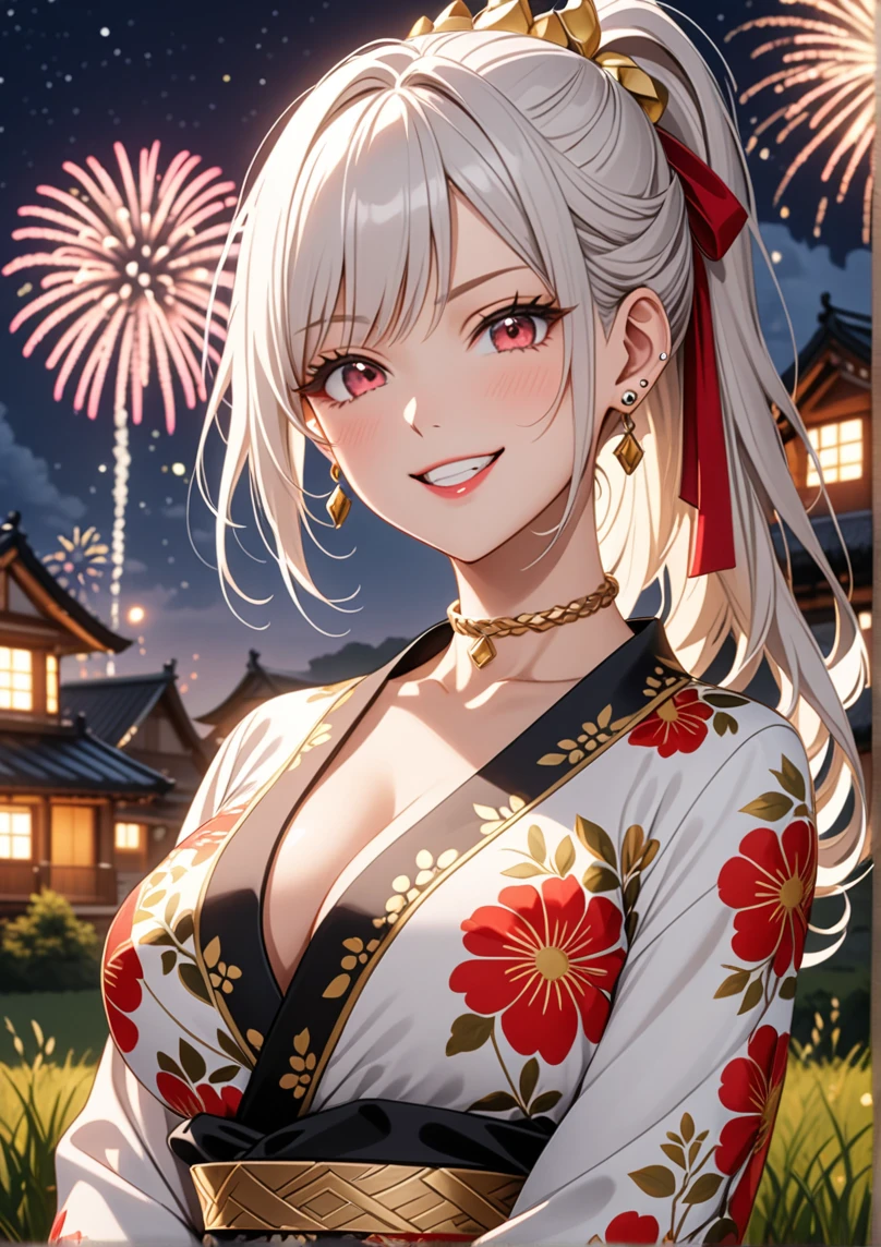 ((One personの女性)), Pretty face, Beautiful Face, (Laughing embarrassedly), (smirk:1.4), ((Wink:1.3)), (head tilt:1.3), Laugh with your mouth wide open, upper teeth, looking at viewer, ((full-face brash:1.5)), Glossy Red Lips, ((Big Breasts:1.4)), night,Rural landscape, firework, Glossy Red Lips, (Shining Face), ((Anime style background)),masterpiece, Highest quality, so beautiful,up to date, Complex details, (Pink long nails), (nail art), (Gold Ring),(Gold bracelet),(Gold floral choker), (helix piercing:1.7), AI-generated, Complex,High resolution, Highest quality, super high quality,3D Images、3D Images,One person,Long white hair,High Ponytail, Anime woman posing for a photo, ((silver eyes:1.5)), ((Fine grain、Silver eyes、Shining Eyes:1.3)), (Squint your eyes:1.1),a hyperRealistic , hyperRealistic , Realistic,Anime woman with long white hair, Smooth anime CG art, (A woman in a colorful kimono with gold embroidery), ((Black long sleeve kimono:1.3)), Red floral pattern,(Long flower hair ornament),Floral Earrings,Mature Body,Abdominal muscles,Tight waist, ((Zoom in on face:1.6)), 