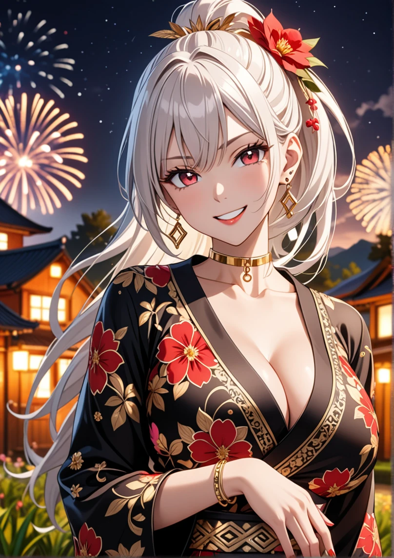 ((One personの女性)), Pretty face, Beautiful Face, (Laughing embarrassedly), (smirk:1.4), ((Wink:1.3)), (head tilt:1.3), Laugh with your mouth wide open, upper teeth, looking at viewer, ((full-face brash:1.5)), Glossy Red Lips, ((Big Breasts:1.4)), night,Rural landscape, firework, Glossy Red Lips, (Shining Face), ((Anime style background)),masterpiece, Highest quality, so beautiful,up to date, Complex details, (Pink long nails), (nail art), (Gold Ring),(Gold bracelet),(Gold floral choker), (helix piercing:1.7), AI-generated, Complex,High resolution, Highest quality, super high quality,3D Images、3D Images,One person,Long white hair,High Ponytail, Anime woman posing for a photo, ((silver eyes:1.5)), ((Fine grain、Silver eyes、Shining Eyes:1.3)), (Squint your eyes:1.1),a hyperRealistic , hyperRealistic , Realistic,Anime woman with long white hair, Smooth anime CG art, (A woman in a colorful kimono with gold embroidery), ((Black long sleeve kimono:1.3)), Red floral pattern,(Long flower hair ornament),Floral Earrings,Mature Body,Abdominal muscles,Tight waist, ((Zoom in on face:1.6)),