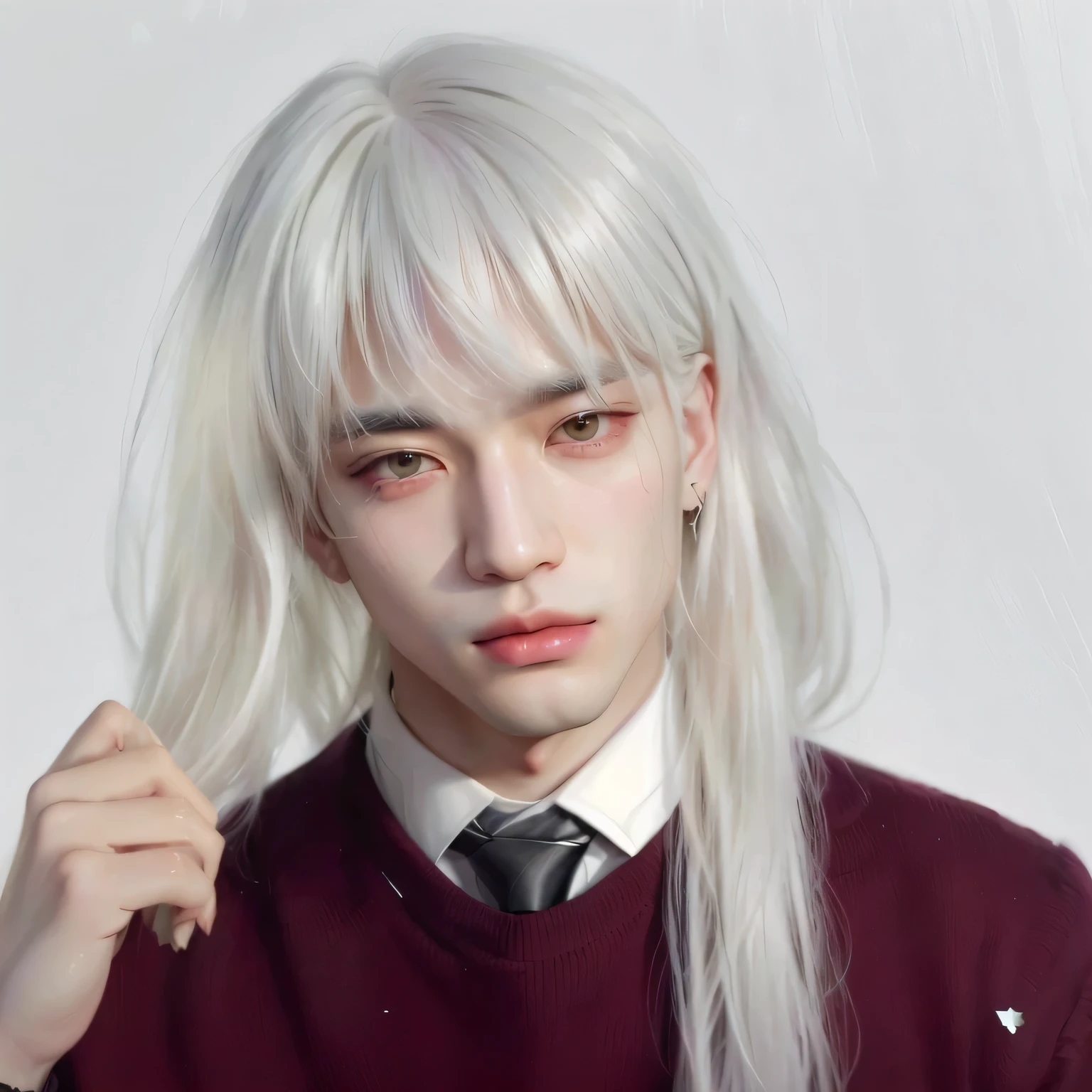 there is a man with white hair and a tie, Retrato de Jossi do Blackpink, Taehyung eating Gucci fries, kpop idol portrait, inspired by Yanjun Cheng, inspired by Kun Can, he has dark gray hair, inspired by jeonseok lee, portrait of ultra realistic, [ digitl art ]!!, made with anime painter studio, anime realism style, whitebangs