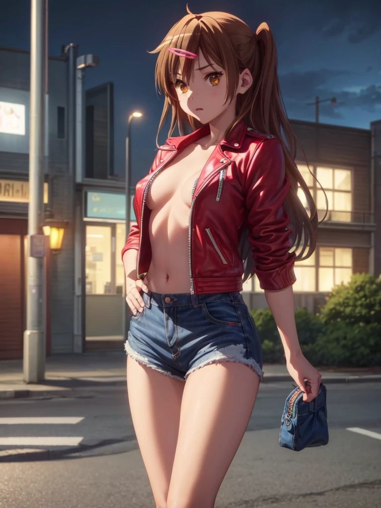 Girl, short blue jeans short, You can see her breasts,  street background, openlegs, night, highway, night, Sneakers, Bare chest, small breast, slim body, You can see the thong,  red Leather jacket  for a naked body, Rear view 