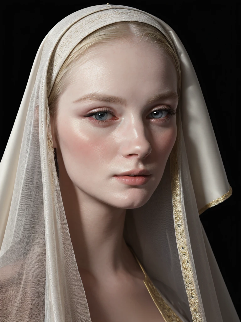 a blonde woman  dress and a black -nun-veil, in a high renaissance style, portrait , baroque portrait, in a renaissance style, realistic renaissance portrait,, inspired by Jean-Étienne Liotard, in renaissance style, renaissance portrait, porcelain pale skin, baroque hair, black background, simple background, blur 