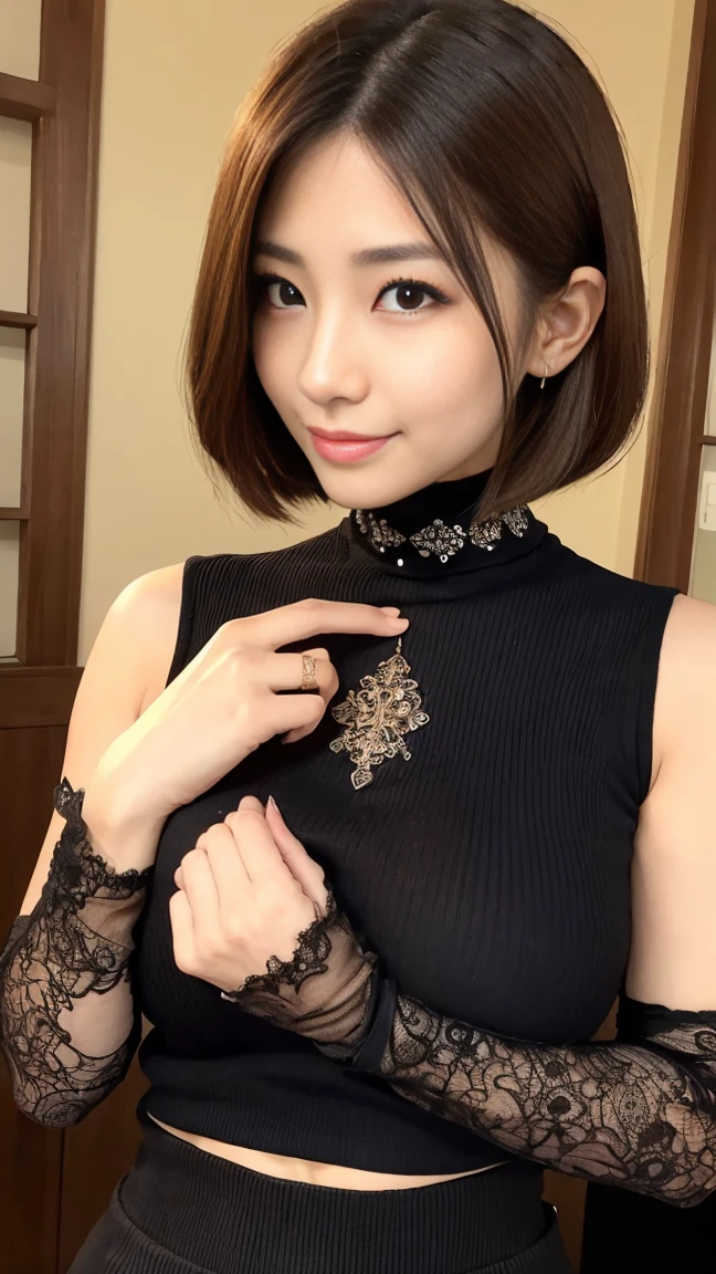 Japanese woman wearing a black turtleneck sleeveless sweater、 (((masterpiece))), ((highest quality)), ((intricate details)), (((超Realistic)), absurd solution, near and far law, very detailed, realistic, 1 girl, ((big breasts)), perfect hands, finger details, beautiful and detailed eyes, short hair, brown eyes,(turtleneck:1.2), Tight Skirt, detailed background, choker, perfect eyes, enchanting eyes, look at the audience, from the front、laughter、mole around the mouth、