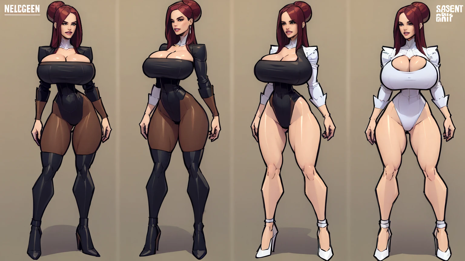 ((character concept art)), ((character design sheet, same person, multiple pose)),(full body view),(adult MILF), Solo, Tall stature, goddess,, Medieval, pale skin, prominent cheekbones, dark red hair in bun, black lace dress, curvy, lipstick
