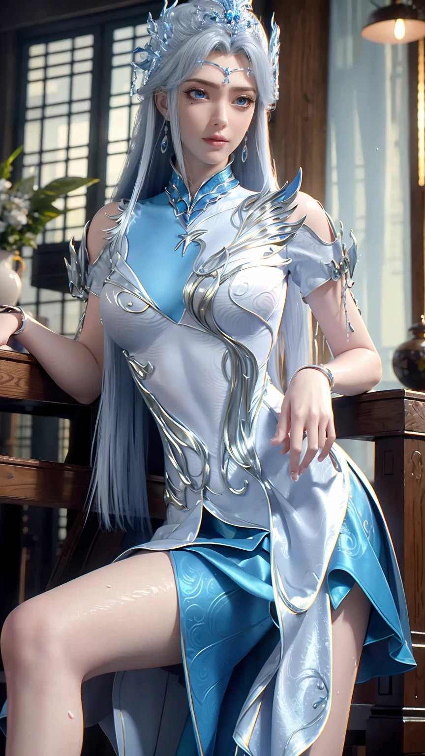 ((Shot in the knee)), ((From below)),A young girl, Wearing a skirt,At the bar, sit on the chair, Cross your legs, Posing elegantly, Detailed scenario, Messy long hair, Blush Blush, Beautiful slender legs, (Very high color saturation), details, Ultra Detailed, (masterpiece, Best quality), (Extremely exquisite and beautiful work), Delicate earrings, Exquisite necklace, Simple blur background, Extremely detailed description, Super Fine, Delicate face, slim body, Thin waist, (Grin), (Anatomically correct),whole body,barefoot,Wet all over,Water Magic,Wet,(Silver long hair),(Blue Eyes),Gauze on body