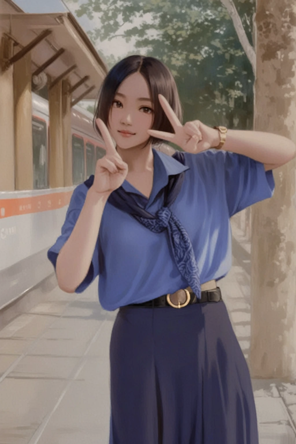 cute young girl,  (wearing cornflower-blue shirt short sleeves, navy-blue neckerchief, navy-blue pleated pencil long skirt, black belt with gold circle buckle, white socks), v sign gesture hand, both hands, train platform scenery, realistic anime illustration
