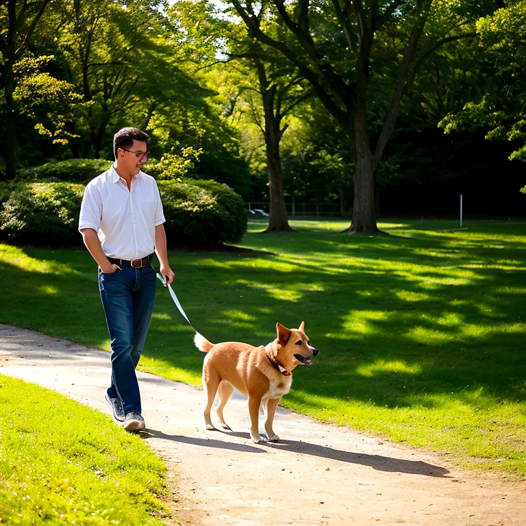 dog, walking in park, brown fur,(realisti, Photorealsitic:1.37), Ultra-detail, natural sunlight