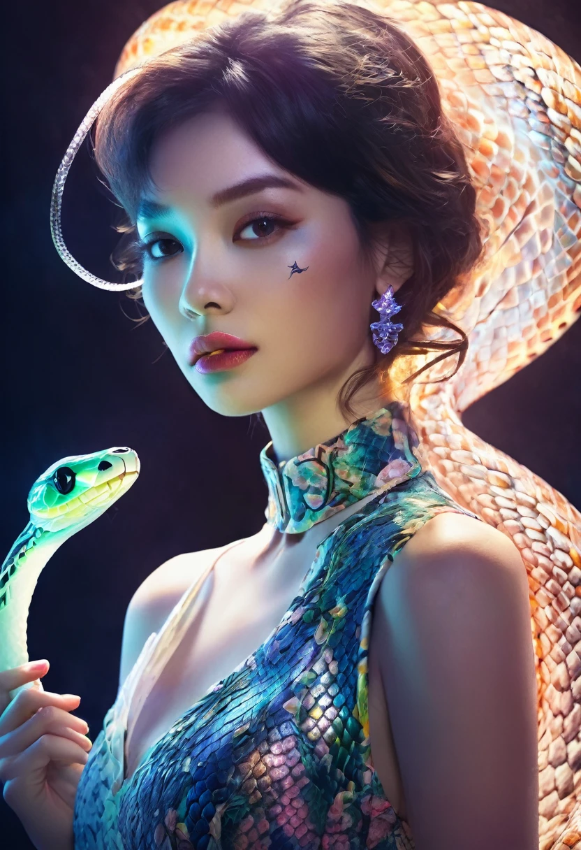 (a glowing snake:1.75), a girl wearing a dress, lighting, fantasy, black background, high detail, cinematic, full color