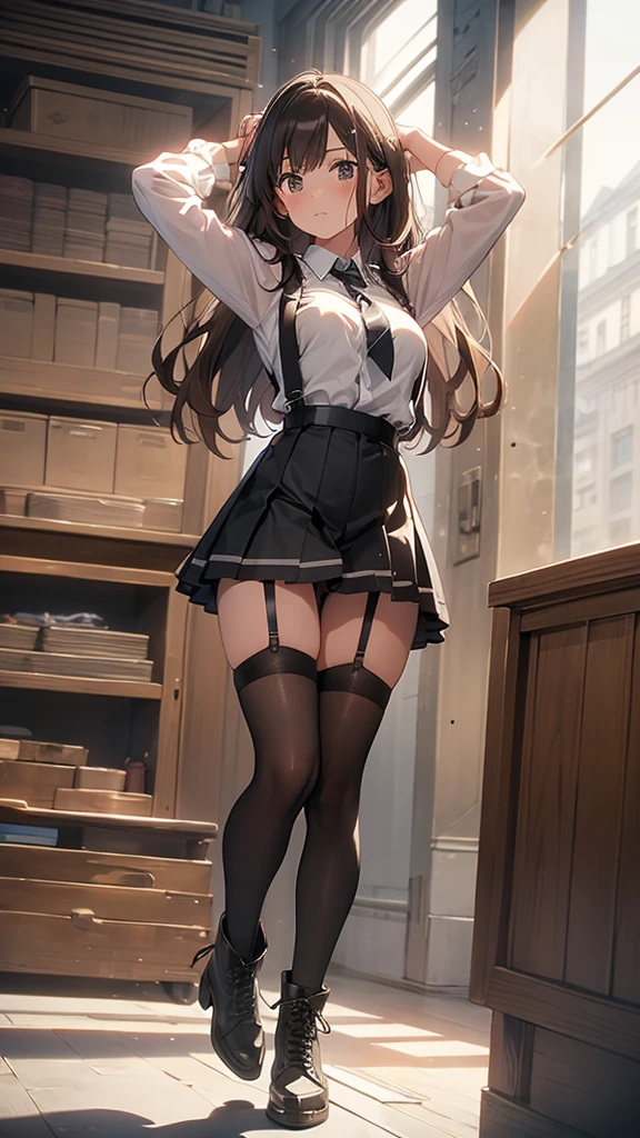 brown hair、looking at the viewer　　suspenders　　　Bulging big breasts　　 　 　　　　Black miniskirt　garter belt　knee high socks　　　　　　Gaze　　　small face　bangs 　　　　　Beauty　　hands up　　 　Gaze 　black boots 　provocation　　　one person 　　put your hands behind your back　cutter shirt　　Panty shot　hands behind　put your hands behind your back