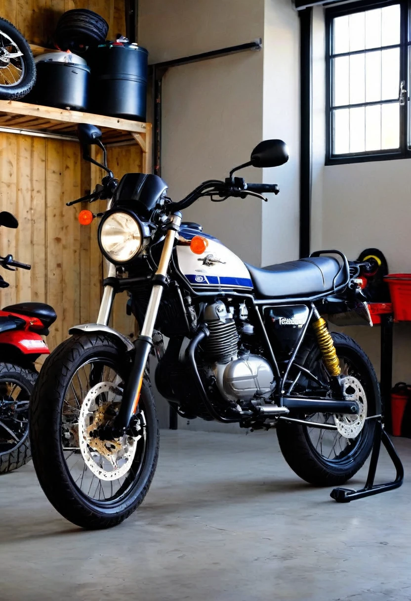 A front view of a bike in a garage.