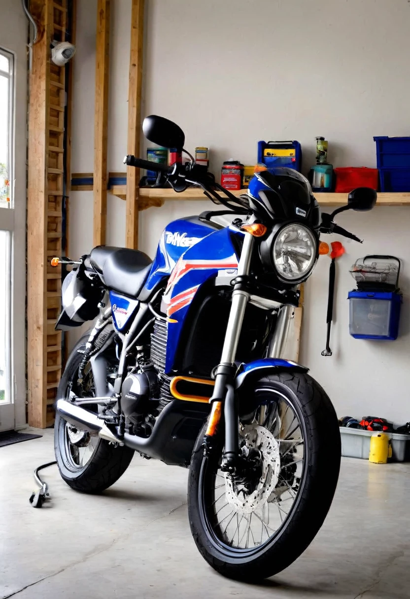 A front view of a bike in a garage.