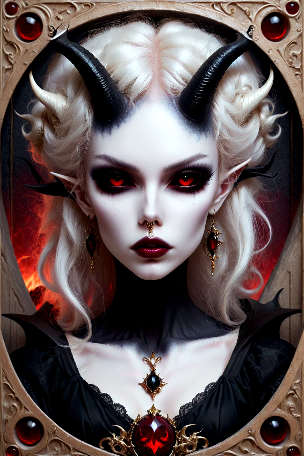 arafed image of a woman with horns and red eyes, beautiful elegant demon queen, white horns queen demon, vampire portrait, portrait of demon girl, beautiful vampire queen, gothic fantasy art, beautiful vampire female queen, beautiful succubus, demoness, in style of dark fantasy art, succubus | medieval, portrait of a dark goddess, dark fantasy portrait