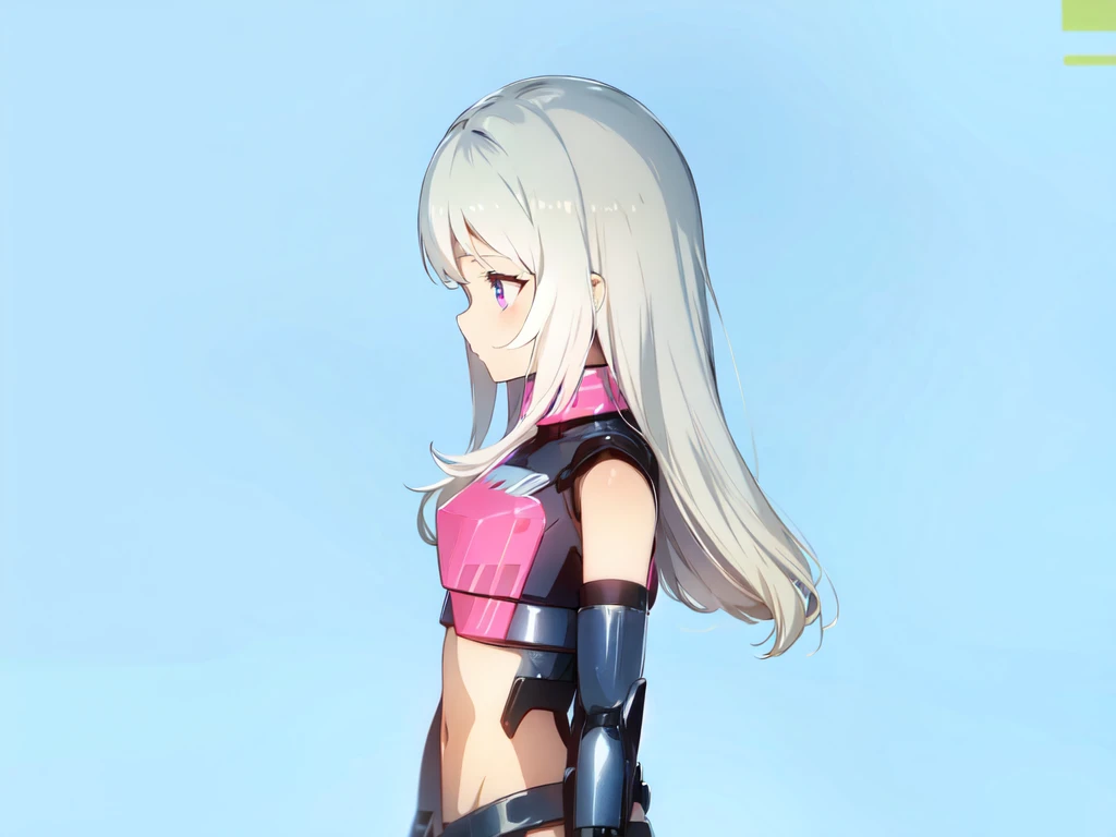 1girl, mecha musume, pink and black armor, light armor, standing, white hair, blue sky, pink eyes, long hair, looking away, looking at side,