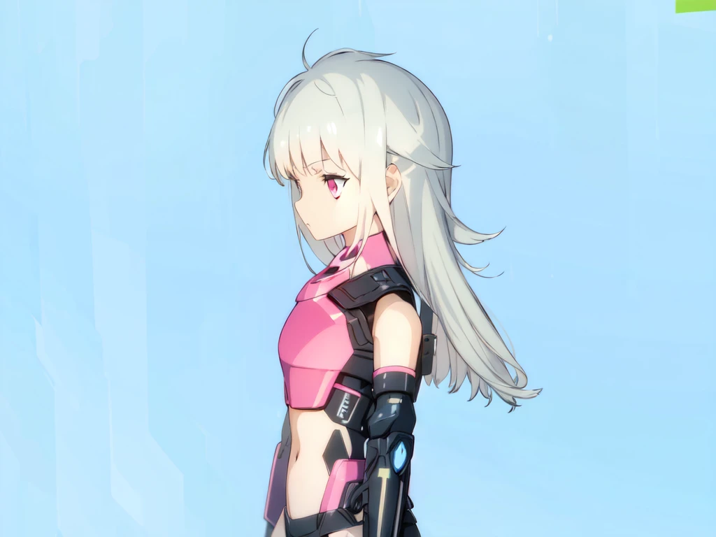 1girl, mecha musume, pink and black armor, light armor, standing, white hair, blue sky, pink eyes, long hair, looking away, looking at side,