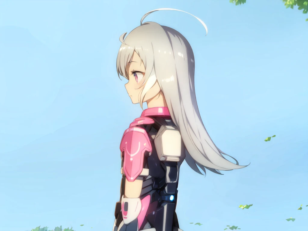 1girl, mecha musume, pink and black armor, light armor, standing, white hair, blue sky, pink eyes, long hair, looking away, looking at side,