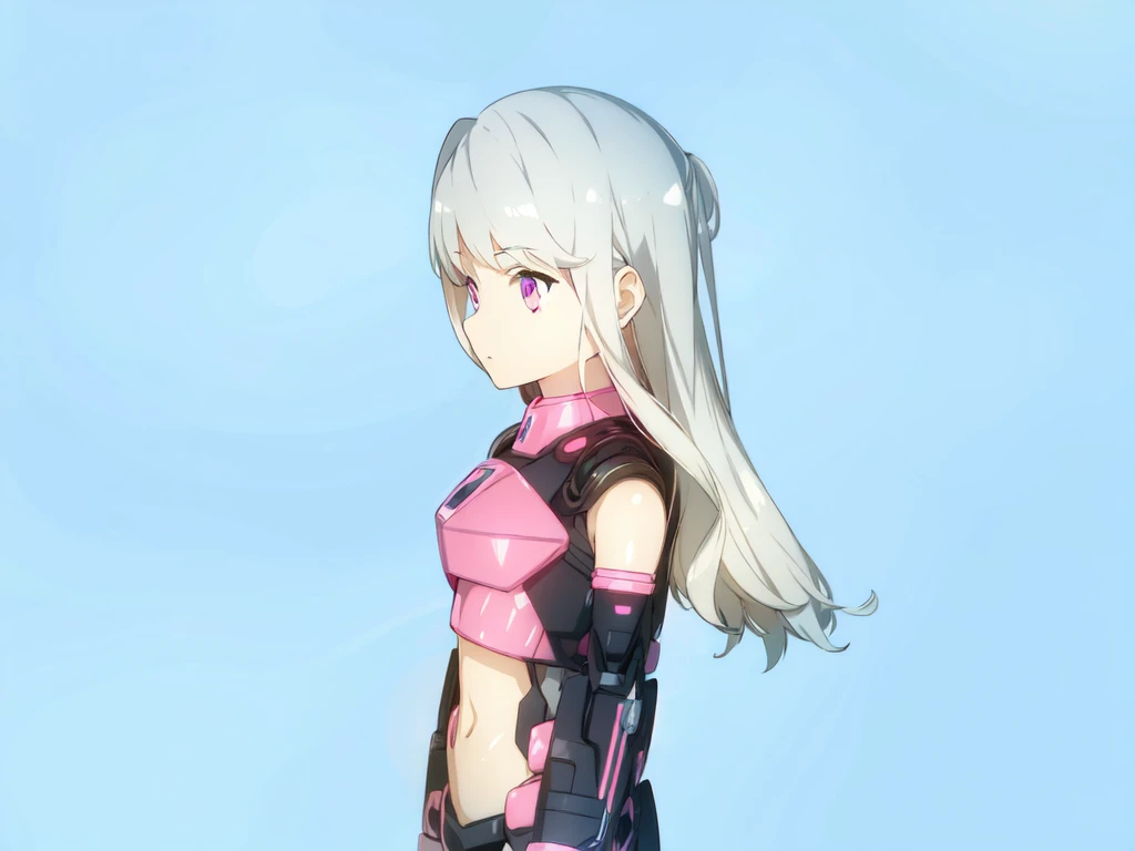 1girl, mecha musume, pink and black armor, light armor, standing, white hair, blue sky, pink eyes, long hair, looking away, looking at side,