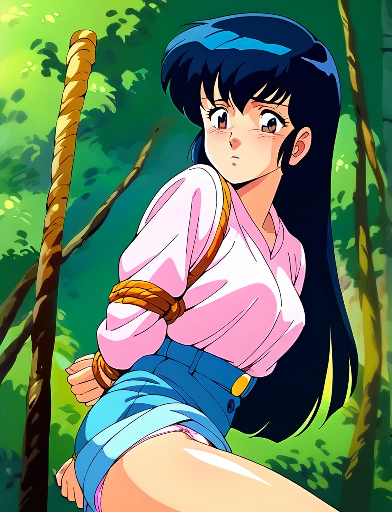 kyoko,score_9,score_8_upper,score_7_upper,sauce_アニメ,One girl,alone,Good、Panties、In underwear、Sad face、downpour、soaked、in the forest、stand、to be tied up、bondage、Bold Pose、pubic hair、Torn clothing、