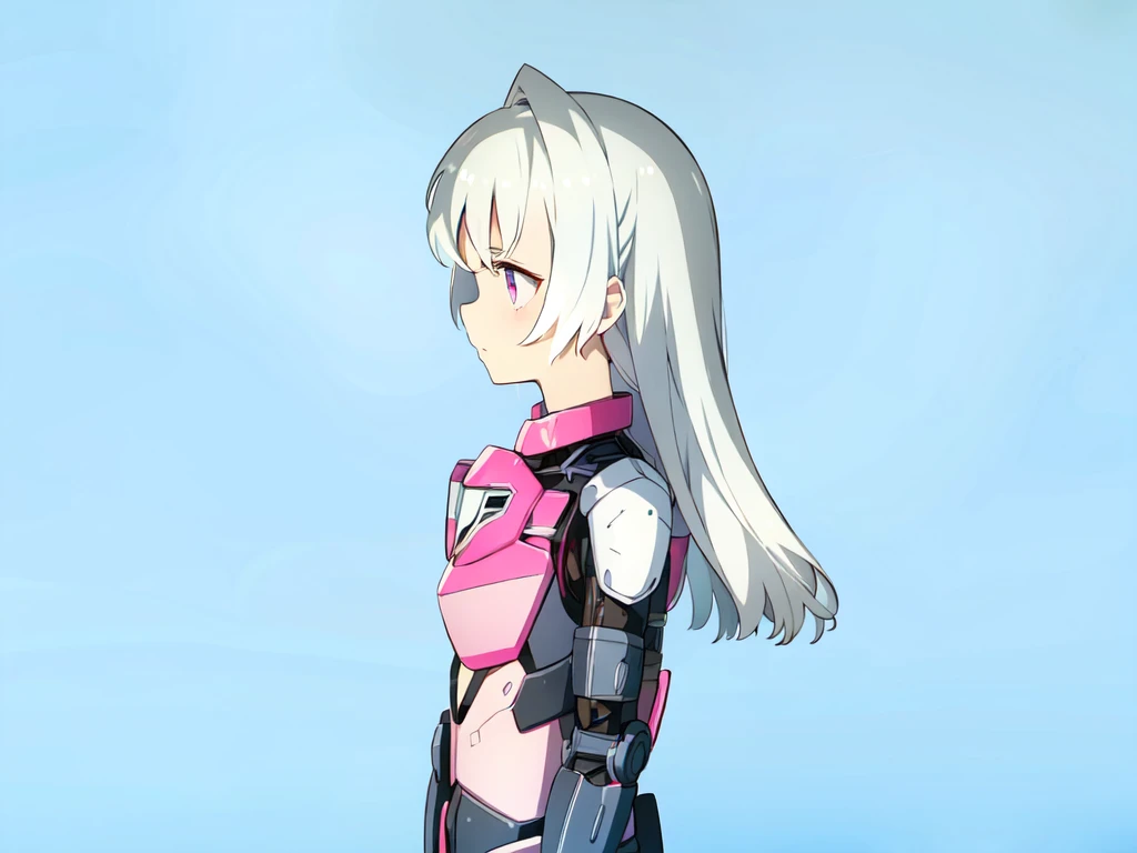 1girl, mecha musume, pink and black armor, light armor, standing, white hair, blue sky, pink eyes, long hair, looking away, looking at side,
