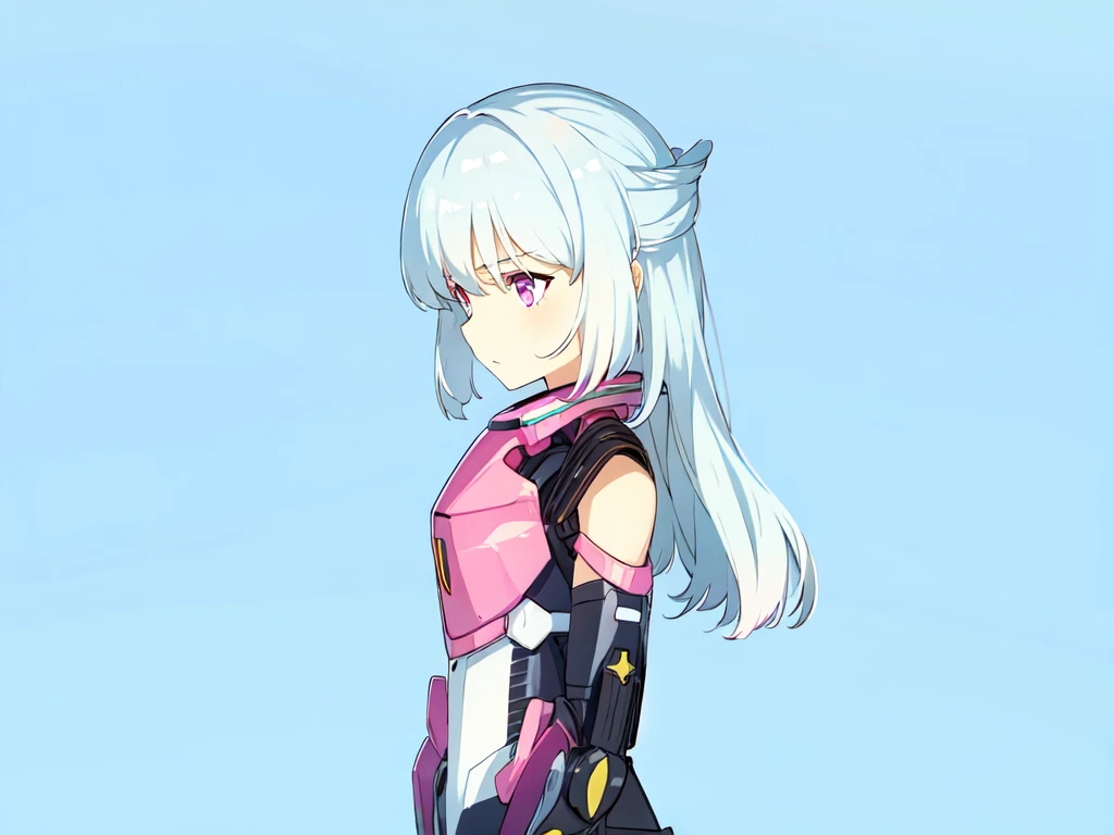 1girl, mecha musume, pink and black armor, light armor, standing, white hair, blue sky, pink eyes, long hair, looking away, looking at side,
