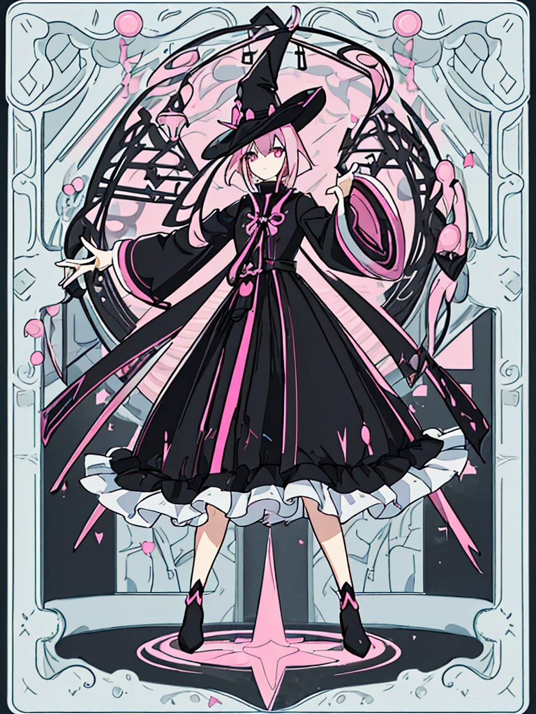 best quality, character design sheet, woman、No hat on, Black and pink hair, whole body, Head to Toe, No hat on, Wizard、No hat on, Standing facing forward, Beautiful black dress, Black hair with pink inner color, whole body, Pure white background, from front, best quality, Beautiful black dress, Standing pose