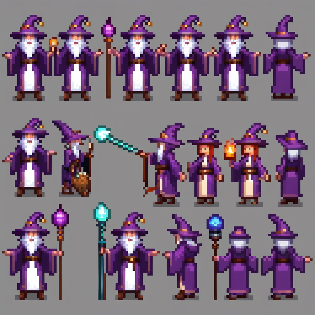 Pixel art, Create an original character design sheet, unlockable character, anthropomorphic animal mage, flowing robes, magic staff, wizard hat, ((3 views, whole body, multiple poses)), side view spritesheet, spellcasting pose, mystical, highest quality, detailed, roguelike, dungeon crawler, Famicom style, multiple magical items, vibrant magical effects