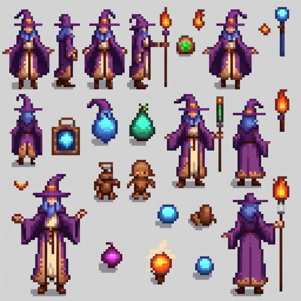 Pixel art, Create an original character design sheet, unlockable character, anthropomorphic animal mage, flowing robes, magic staff, wizard hat, ((3 views, whole body, multiple poses)), side view spritesheet, spellcasting pose, mystical, highest quality, detailed, roguelike, dungeon crawler, Famicom style, multiple magical items, vibrant magical effects