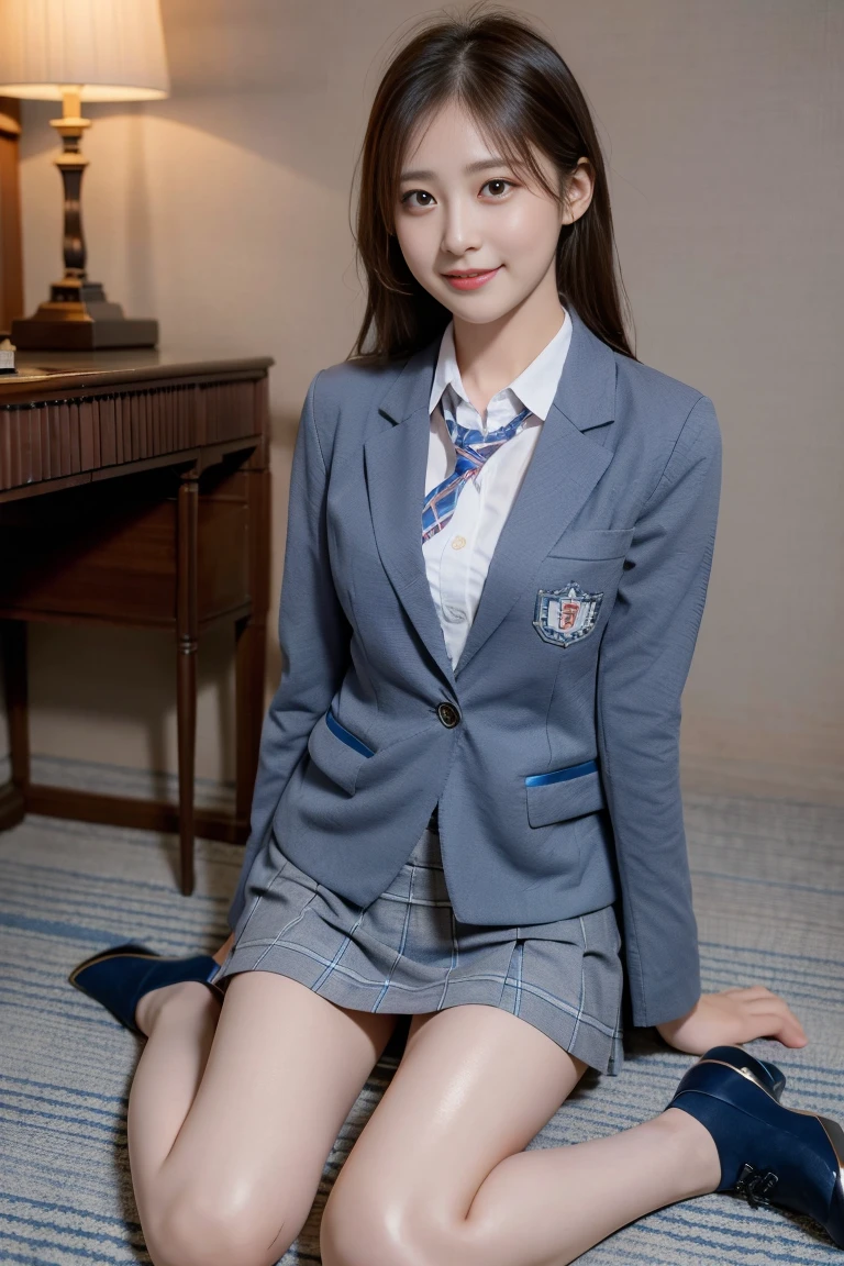 (8k), (highest quality: 1.2), (Realistic), (Realistic: 1.37), Ultra-high resolution, (1 girl), cute, blush,Embarrassed smile, Beautiful details, Beautiful Nose, straight Hair, Giant Dulcefo, pork, Thighs,Self Snap,University Uniforms,(A simple dark blue blazer:1.4),(Pleated skirt:1.2),(The skirt and tie are gray tartan check pattern.:1.3),(Sitting:1), Sit on the ground,(Hold my feet:1),(Shiny legs:1.2),from the front,knees