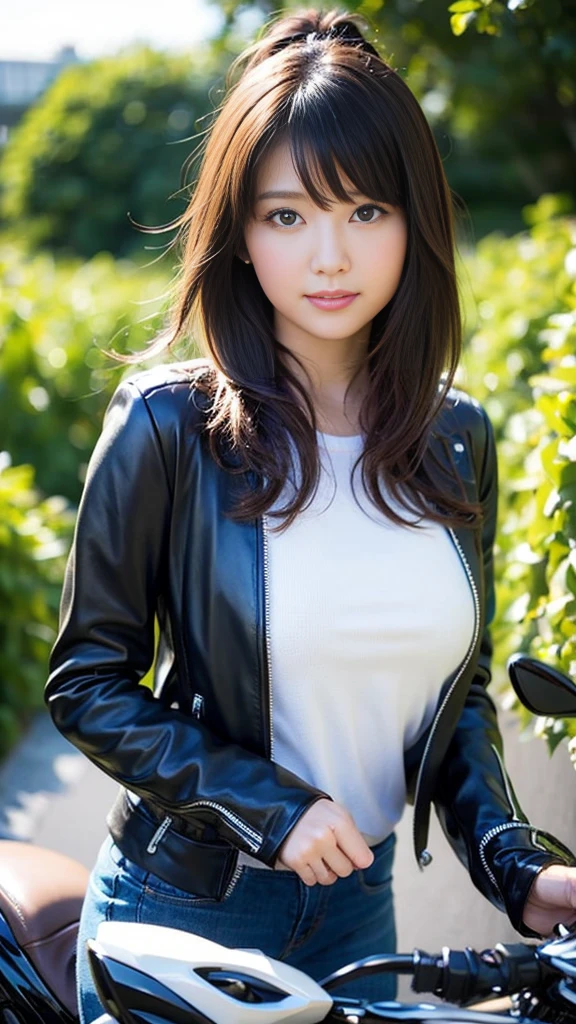 Close-up of a cute Japanese girl riding a motorcycle,