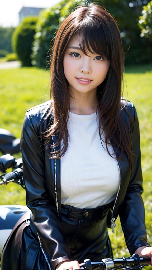 Close-up of a cute Japanese girl riding a motorcycle,