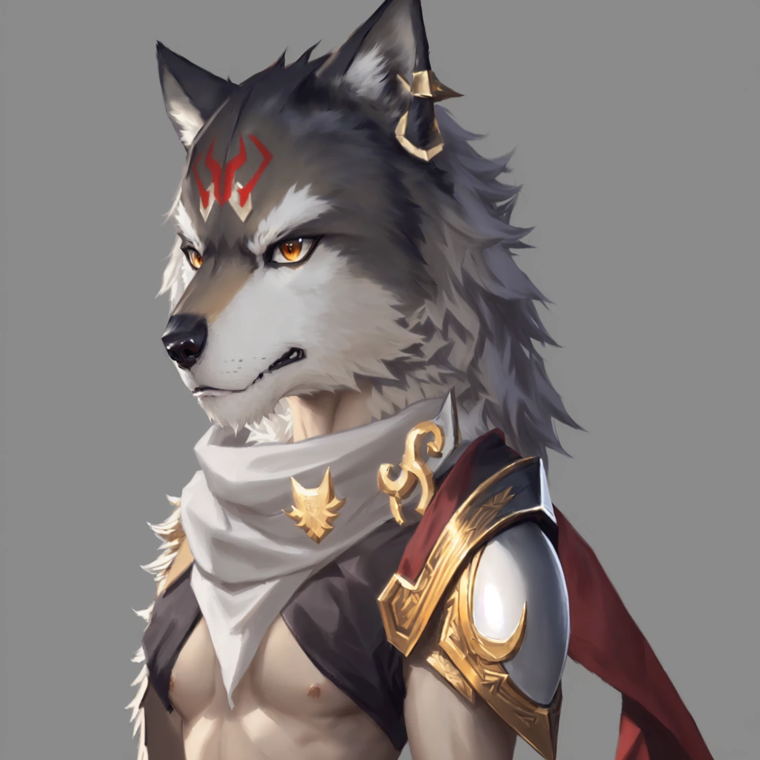 Close-up of man with wolf head and scarf, Anthropomorphic wolf male, an Anthropomorphic wolf, Anthropomorphic wolf, Wolf Armor, female Anthropomorphic wolf, Anthropomorphic wolf脸, Detailed anime character art, Werewolf in shining armor, Anthropomorphic wolves, fantasy wolf portrait, Minotaur Wolf