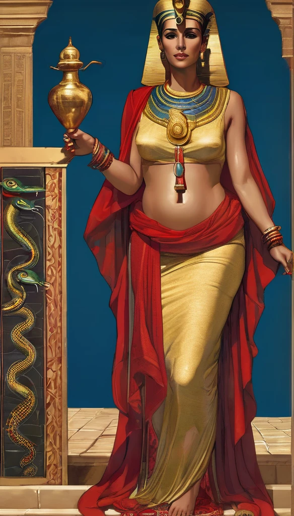 Merfertiti, Femme mature ( 30 ans) enceinte, avec une peau de serpent, un corps très sexy , corps maternelle, a l'Égypte antique, a une grosse poitrine, dans un temple égyptien, porte une robe rouge et maron couleur sable, moule le corps, vêtements transparent, femme avec de long cheveux noirs orné de nombreux bijoux, très enceintes, sa poitrine est gonflé par du lait, a des crochets de serpent visible, elle sourit, avec des yeux doré a pupilles reptilienne, une femme serpent