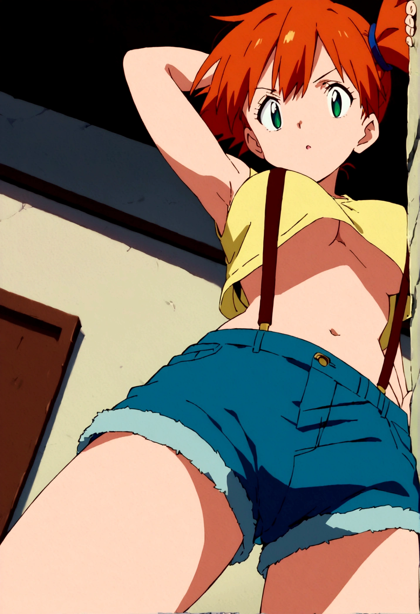 score_9,score_8, score_7_.superior, (from below:1),low angle,(Insect's Eye)., (mature) , (outcome), One girl, , , Outdoor, Green Eyes, Orange Hair, Side Ponytail, Yellow Shirt, Sleeveless shirt,belly button, Denim shorts, suspenders, Captivating look, Seductive expressions),under_boob,(arms up,arms behind head,),great lighting, perfect hands, detailed shadows,anime artwork, anime style, key visual, vibrant, studio anime,
highly detailed, anime coloring, masterpiece, best quality,
best aestethic, absurdres,