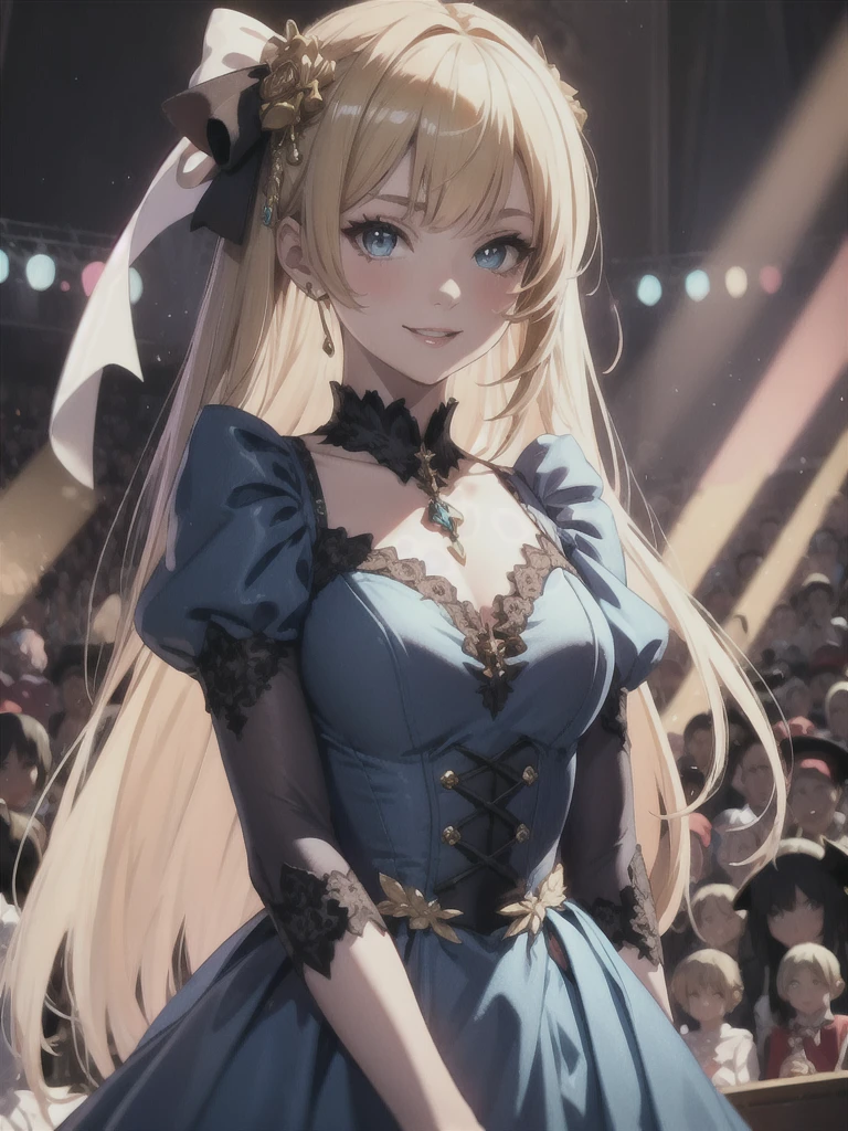 prompt: 8K resolution, Delicate features, , single, Unique pupils, smile, blonde, Princess Cut, Ribbon hair ornament, brooch, Shiny candy blue dress, Gold embroidery,Lolita Style, Gothic style, Facing the audience, Otaku Room, Female demon