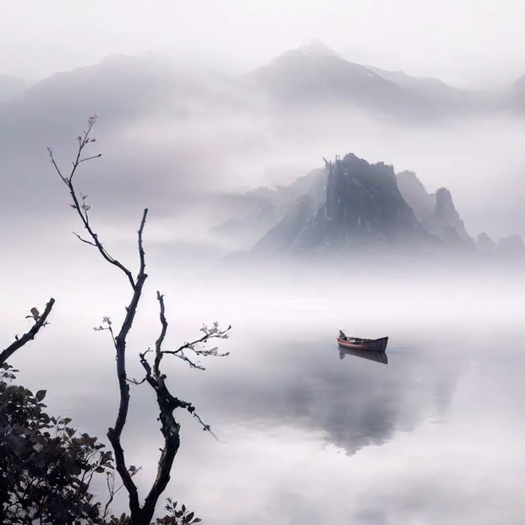 There is a boat floating on the water in foggy weather, by Xie Shichen, In the peaceful scenery, By An Zhengwen, author:Xu Xi, by Hu Jieqing, Water mist, Pan Tianshou, by wu daozi, author Dai Xi, author:Yan Liben, author:Wu Wei, by Cheng Jiasui