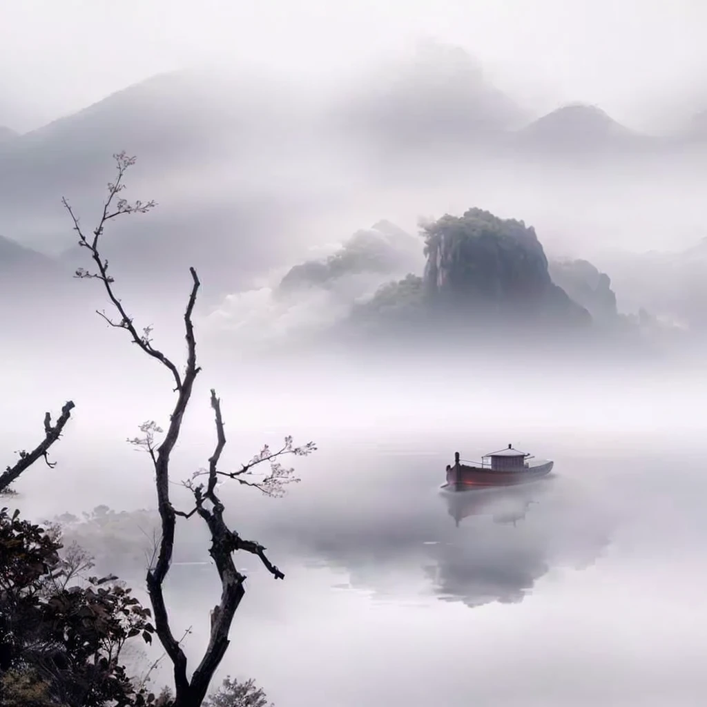There is a boat floating on the water in foggy weather, by Xie Shichen, In the peaceful scenery, By An Zhengwen, author:Xu Xi, by Hu Jieqing, Water mist, Pan Tianshou, by wu daozi, author Dai Xi, author:Yan Liben, author:Wu Wei, by Cheng Jiasui
