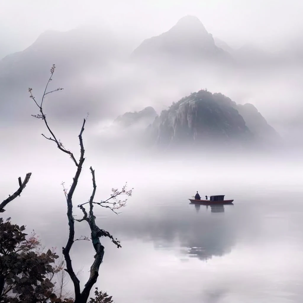 There is a boat floating on the water in foggy weather, by Xie Shichen, In the peaceful scenery, By An Zhengwen, author:Xu Xi, by Hu Jieqing, Water mist, Pan Tianshou, by wu daozi, author Dai Xi, author:Yan Liben, author:Wu Wei, by Cheng Jiasui