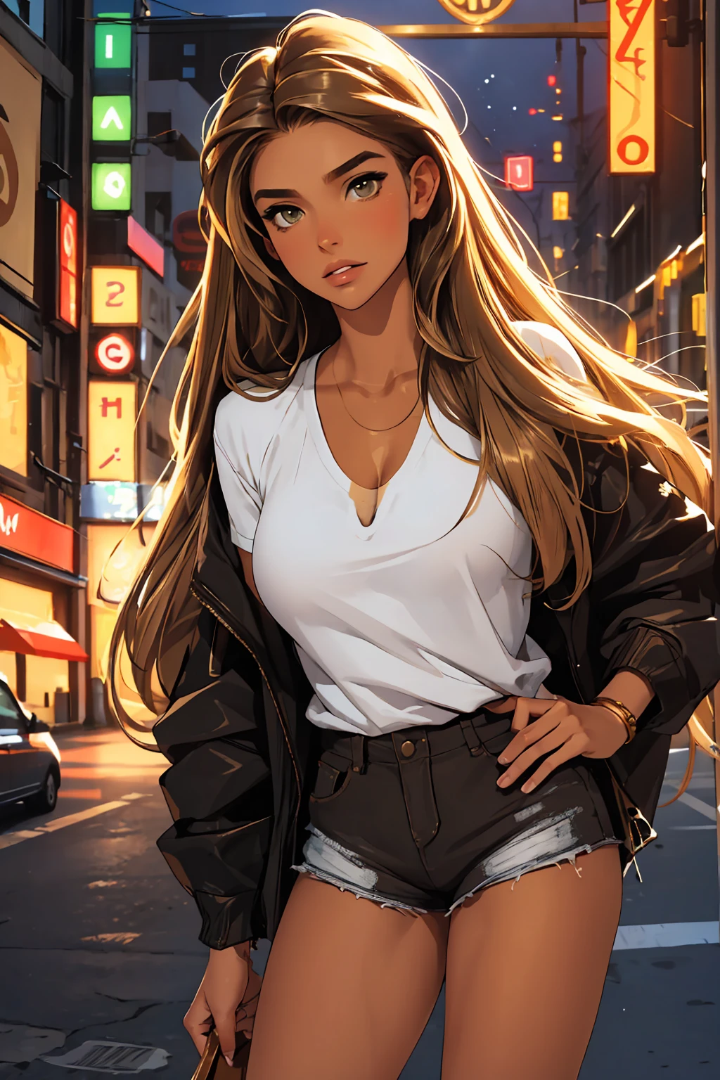 (best quality: 1.2), clean face, (masterpiece: 1.2, 8k)(PureErosFace_V1: 0.7), perfect anatomy, 1girl,a beautiful fashion model ,(masterpiece, official art, best quality) (hazel eyes) ,long and shiny hair, brown hair with blonde streaks in hair, long hair, full lips, upturned nose ((((tan skin, bronze skin, 1.3)))), big breasts, lifstrangerachel looking at viewer, revealing outfit, absurdity, intricate details, city, dimanic pose, night, neon signs, cinematic lighting, (highly detailed skin: 1.2), wearing
 short shorts and a loose white shirt