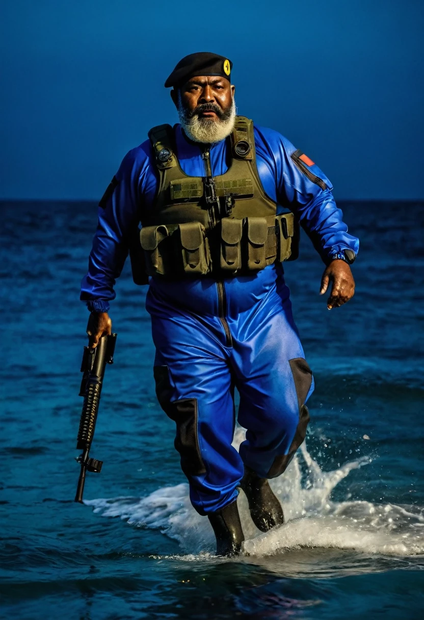 (a dark-skinned bearded fat old man in a bulky blue zipper diver suit) walking surfacing from sea water at night, carrying a sniper rifle and (wearing army beret), muscular, Basuki Abdullah, sumatraism, action, a character portrait, heroic, fierce, angry