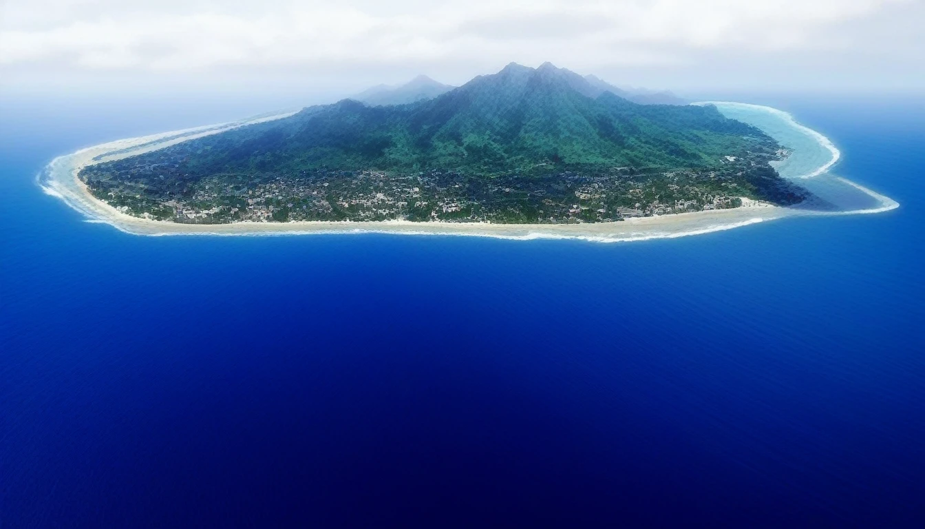 an aerial view of a small island in the middle of the ocean, kauai, aerial, hawaii, seen from above, reunion island, breathtaking look, aerial shot, overhead shot, shot from above, travel, view from above, from above, mountains and ocean, a wide full shot, view from helicopter, aerial photography, mana, seen from straight above, crisp details,shingeki_no_kyojin_s4_style,