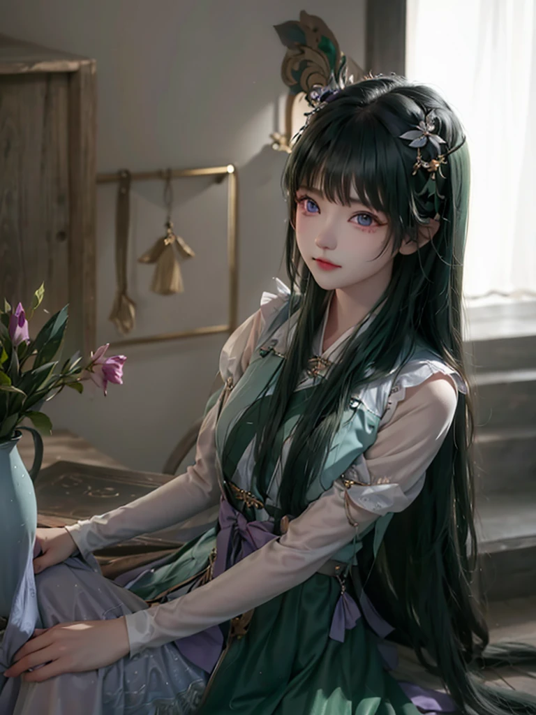 Green Hiar, purple eyes, cute