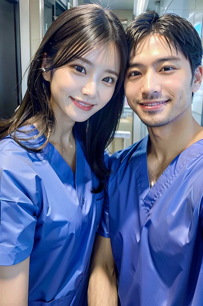 Male dentist and female dental hygienist 2people A good business partner 日本people Handsome Men and Beautiful Women Wearing blue medical scrubs Upper body close-up high resolution high resolution Highest quality smile