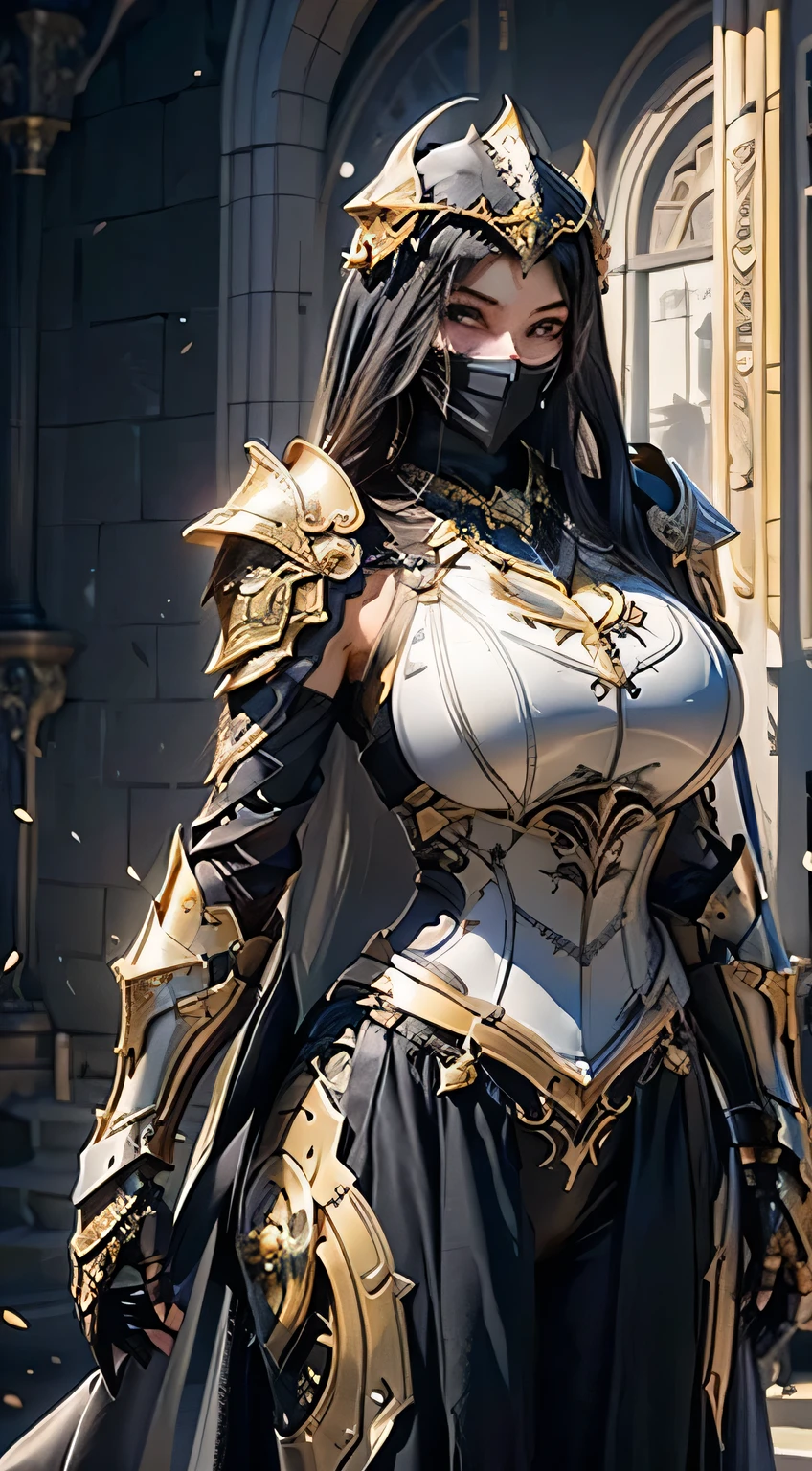 Reality, high resolution, 1 girl, Full body knight armor,Hips up, Black long straight hair, beautiful eyes,, Dark Souls style, armor, Black headscarf, Black Veil, Gold embroidery, , muscular, Desert castle, Backlight,No breast exposure