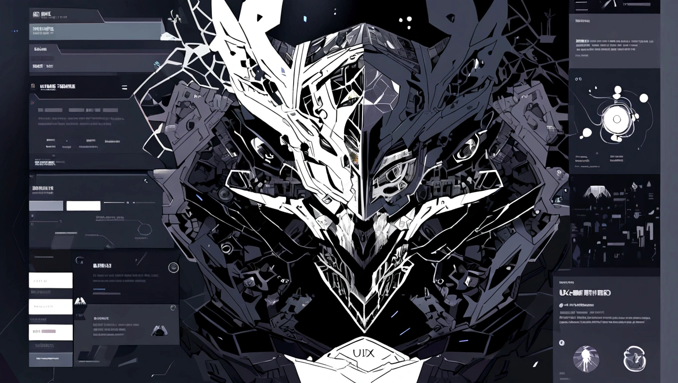 dark blue hero page ui ux theme website, dark blue and white (mostly dark blue) theme, robotic city black and white silhouette, mouth drawing anatomy silhouette