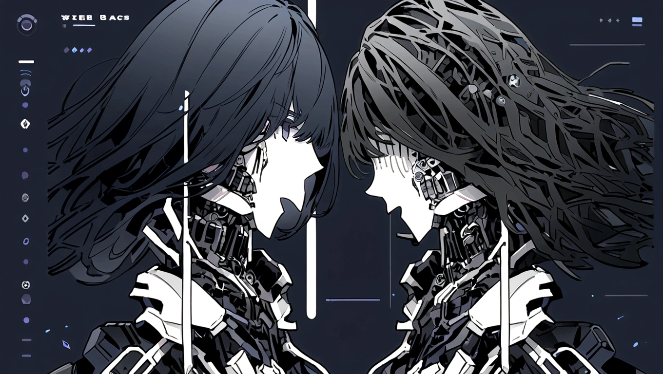 dark blue hero page ui ux theme website, dark blue and white (mostly dark blue) theme, robotic city black and white silhouette, mouth drawing anatomy silhouette