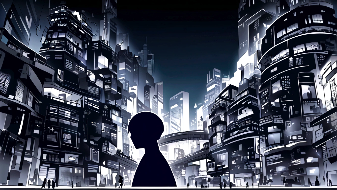 dark blue hero page ui ux theme website, dark blue and white (mostly dark blue) theme, robotic city black and white silhouette, mouth drawing ??????? silhouette