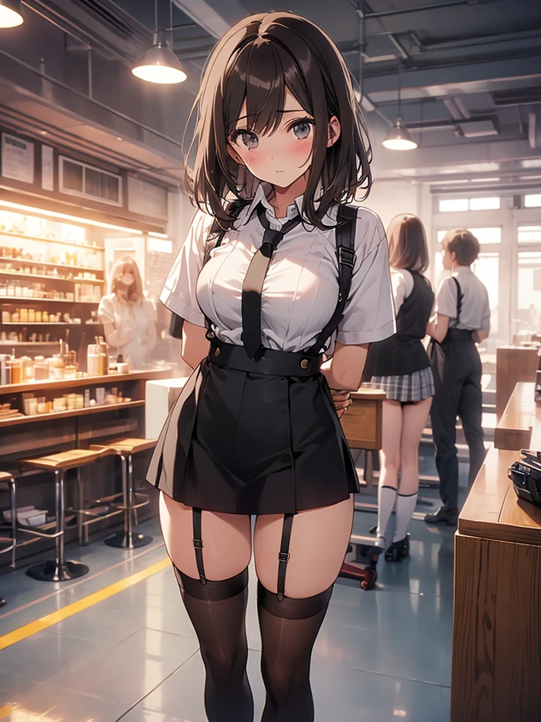 brown hair、looking at the viewer　　suspenders　　　Bulging big breasts　　 　 　　　　Black miniskirt　garter belt　knee high socks　　　　　　Gaze　　　small face　bangs 　　　　　Beauty　　hands up　　 　Gaze 　black boots 　provocation　　　one person 　　put your hands behind your back　cutter shirt　　Panty shot　hands behind　put your hands behind your back